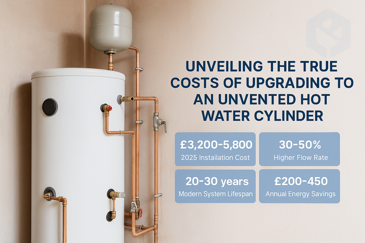 Comprehensive comparison infographic showing vented vs unvented cylinder differences: installation cost £1,200-5,800, water flow rate 8-12 vs 18-30 L/min, annual running cost £420-520 vs £290-380, space requirements, and property value impact £0-800 vs £2,500-4,500