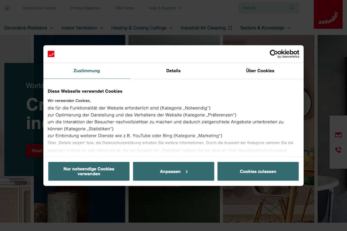 Zehnder website screenshot